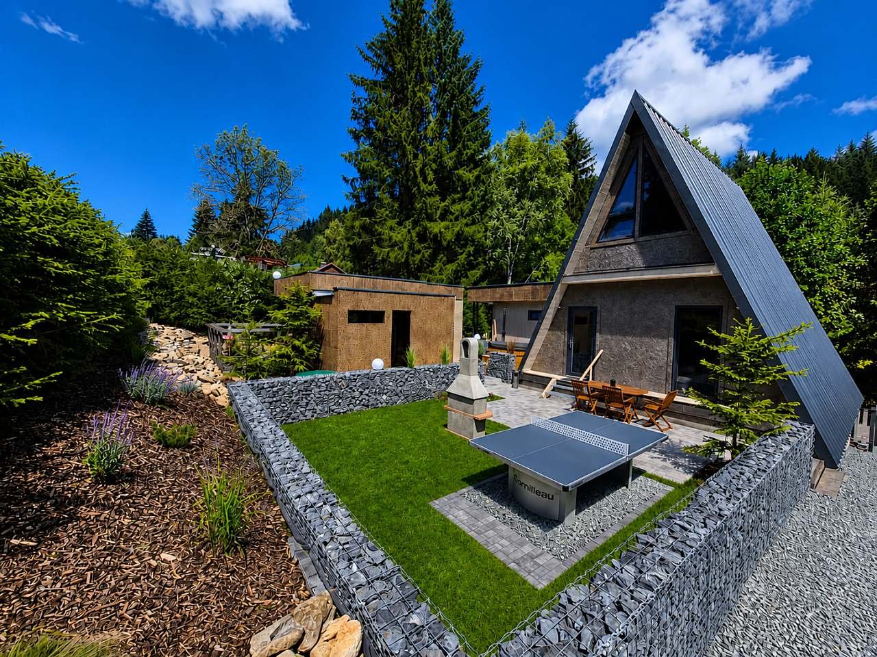 A-Frame chata Ski Wellness Přemyslov v zimní krajině Jeseníků